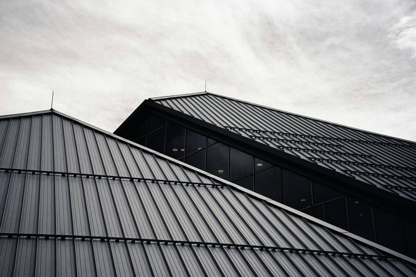 Standing-seam metal roof panels against a pale sky